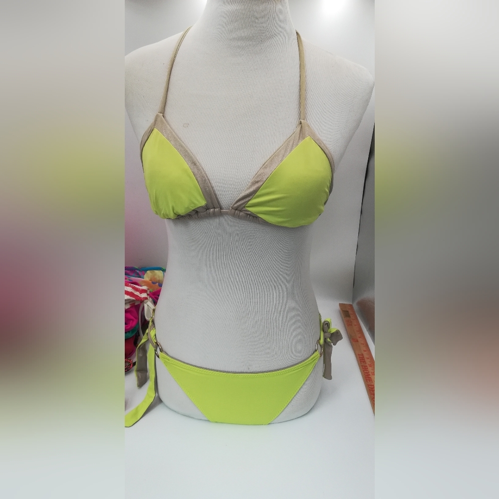 Women’s Neon Yellow Triangle Bikini Top with Metallic Trim